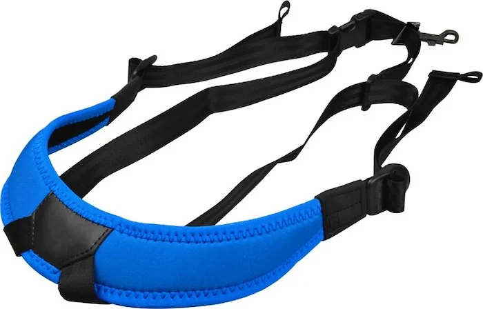 Junior fully-adjustable saxophone harness with soft shoulder padding, blue