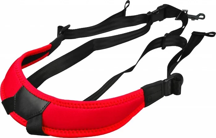 Junior fully-adjustable saxophone harness with soft shoulder padding, red