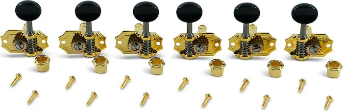 Kluson 3 Per Side Prestige Series Vertical Mount Open Bronze Gear Tuning Machines Gold With Black Pl