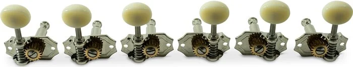 Kluson 3 Per Side Prestige Series Vertical Mount Open Brass Gear Tuning Machines Nickel With Plastic Oval Buttons