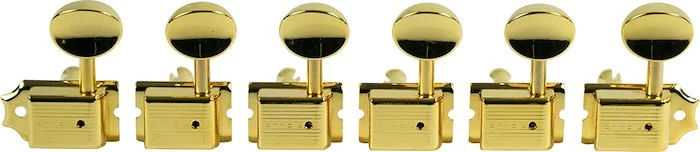 Kluson 6 In Line Left Hand Deluxe Series Tuning Machines - Single Line - SafeTi Post - Gold With Ova