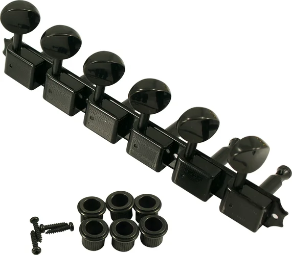 Kluson 6 On A Plate Deluxe Series Tuning Machines - Double Line - Black With Oval Metal Buttons