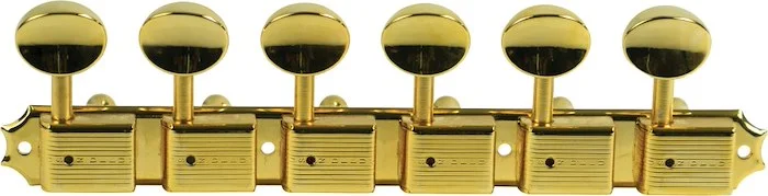 Kluson 6 On A Plate Deluxe Series Tuning Machines - Single Line - Gold With Oval Metal Buttons