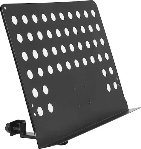 Large perforated music stand plate with attachable holder arm