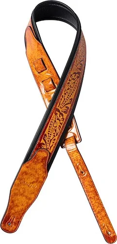 Light brown padded distressed leatherette guitar strap with pressed flower pattern