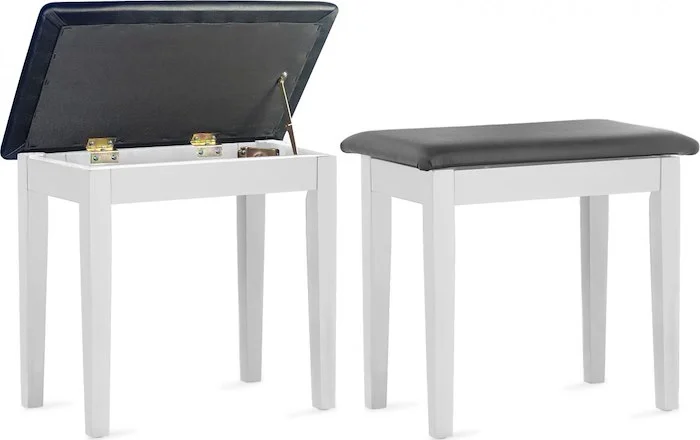 Matt white piano bench with black vinyl top and storage compartment