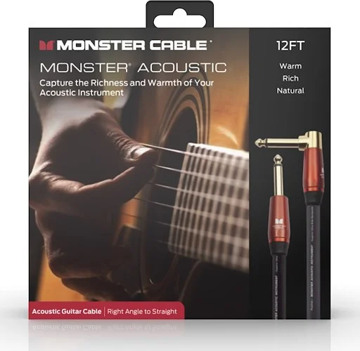Monster 600557-00 Prolink Acoustic 1/4" Instrument Cable. 12 ft - Right Angle to Straight