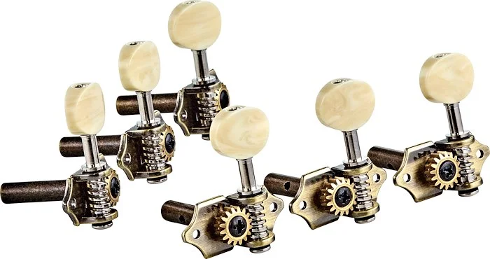 Open Gear Classical Folk Tuning Machines Individual 3L x 3R w/ Antinque Brass Base & Crème Buttons