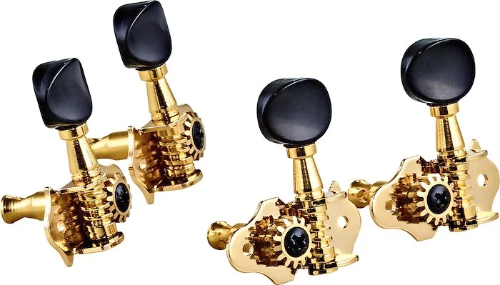 Open Gear Ukulele Tuning Machines 2L x 2R w/ Gold Base & Black Buttons
