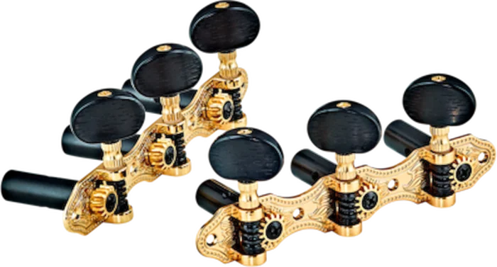 Ortega Guitars OTMDLX-GOBK Classical Tuning Machines Deluxe Gold Baseplate with Black Ebony-Style Buttons