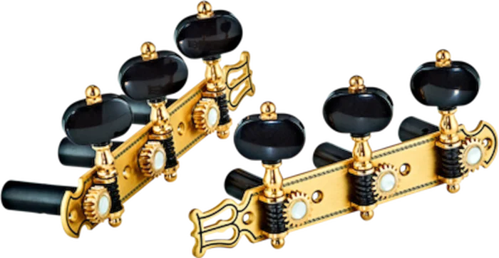Ortega Guitars OTMPREMIUM Classical Tuning Machines Premium Brushed Brass Lyra-Design with Pearl Inlays and Black Acrylic-Style Buttons