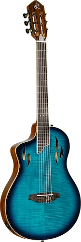 Ortega Guitars TourPlayer Series Left-Handed Thinline Crossover Electric Nylon Guitar Flamed Maple Blue Finish w/Bag