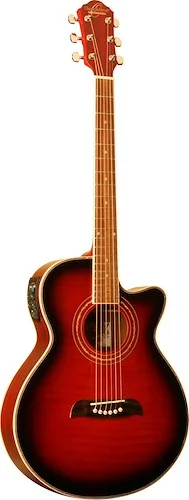 Oscar Schmidt OG10CEFTR-A Folk Cutaway Acoustic Electric Guitar. Trans Red