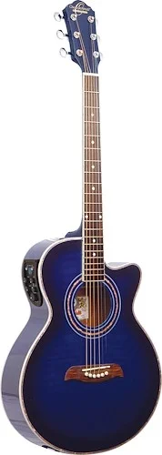 Oscar Schmidt OG10CEFTBL-A Folk Cutaway Acoustic Electric Guitar. Flame Trans Blue