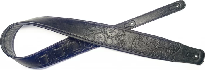 Black padded leatherette guitar strap with Mexican skull pattern