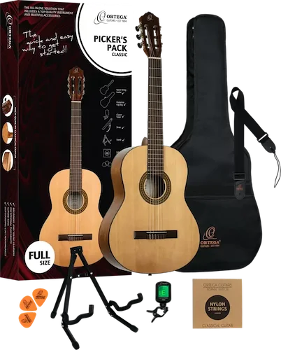 Picker's Pack - Student Series Full Size Nylon Classical Guitar Pack - Includes: Tuner, Picks, Strings, Strap, Stand & Bag