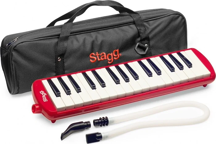 Red plastic melodica with 32 keys and black and red bag