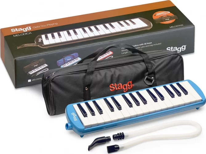 Blue plastic melodica with 32 keys and blue bag