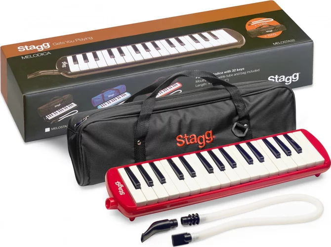 Red plastic melodica with 32 keys and black and red bag