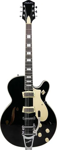 Silvertone Gloss Black Single Cut Semi-Hollow Electric Guitar w/ Bigsby Vibrato / Custom Era Correct Mini Humbuckers (2)