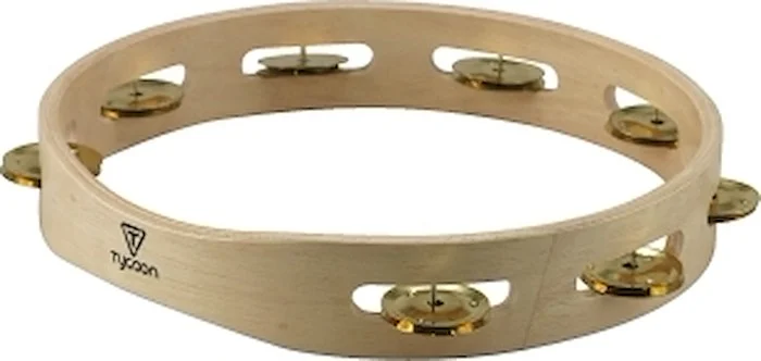 Single Row Wooden Tambourine - Bright Brass Jingles