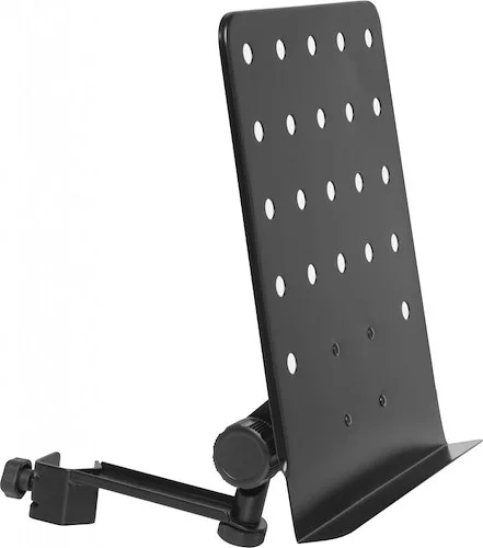 Small perforated music stand plate with attachable holder arm