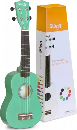 Green soprano ukulele with basswood top, in nylon gigbag