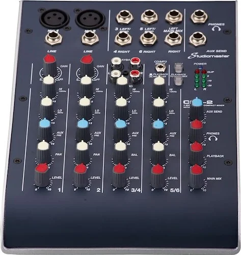 StudioMaster C2S-2C2S-2 2 Channel USB Compact Mixer
6 inputs
2 mic channels
2 stereo channels
2 band EQ
USB record/playback