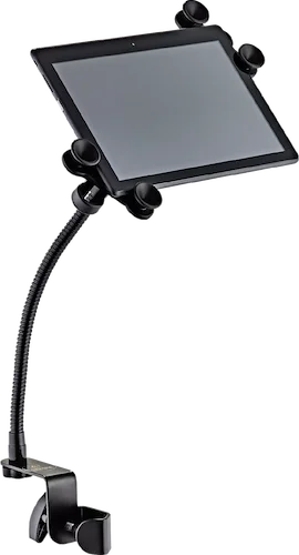 Tablet Holder - 12" Adjustable Gooseneck - Fits up to 13" Displays - Mic Stand Style Clamp - Black 