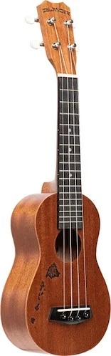 Traditional soprano ukulele with mahogany top and Hawaiian islands engraving