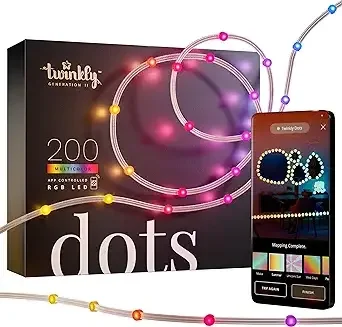 Twinkly Dots String Lights App-Controlled Flexible LED Color Changing String Lights, 60 RGB (16 Mil. Colors). 200 LED / 33 Ft Transparent Wire. 
