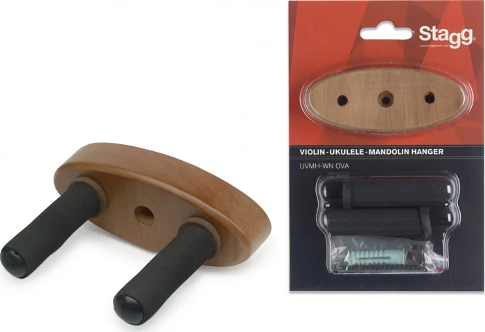Wall-mounted holder w/ oval wooden base for ukuleles, mandolins and violins