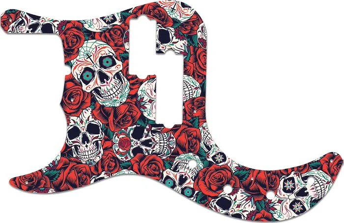 WD Custom Pickguard For Left Hand Fender American Deluxe 5 String Precision Bass #GS01 Dia De Muertos Calavera Skull & Rose Graphic