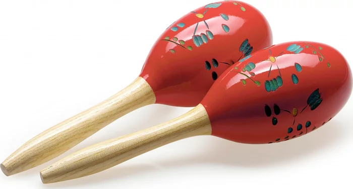 Pair of oval wooden maracas, flower finish, red, 28 cm (11")